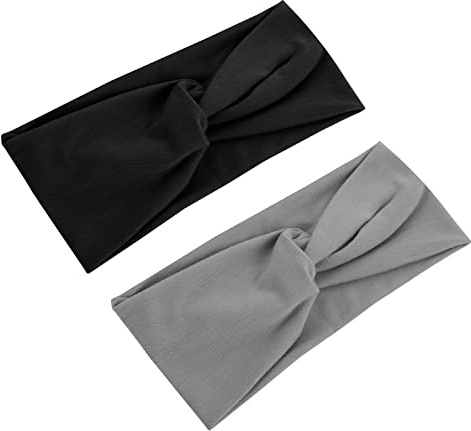 WLLHYF 2 x Turban-Stirnbänder für Frauen, breite Stirnbänder, Stretch-Turban, geknotete Haarbänder, modische Haarbänder für Mädchen, niedliches Haar-Accessoires, Yoga, Laufen, Sport (schwarz/grau)