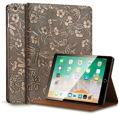Gexmil Leder Hülle für iPad 10.2 Zoll,9th/8th/7th Gen 2021/2020/2019 | Premium Echtleder Cover/Flip,Auto Schlaf/Aufwachen,Schutzhülle Einstellbarer Ständer,Stoßfest,Grauem Schmetterling