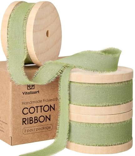 Vitalizart Nastro di Cotone 1,6 cm x 19,2 m (3 Rotoli*6,4 m) Verde Salvia, Frange Fatte a Mano Nastri in Tessuto Naturale per Inviti di Nozze Bouquet da Sposa Confezione Regalo Decorazione Vacanze