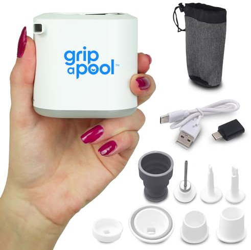 GRIP A POOL USB Rechargeable Mini Air Pump for Inflatables, Balls, Beds with 8 Nozzles & Camping Light, Battery Inflator Deflator, Compact Portable Pump for Floats, Balloons & Vacuum for Storage Bags