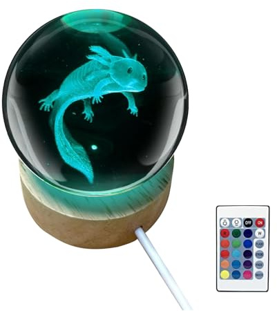 Axolotl - Lámpara de noche de bola de cristal 3D con base de madera de 6 cm, lámpara de bola de cristal de ajolote de 16 colores con control remoto para dormitorio, sala de estar, mesa (6 cm)
