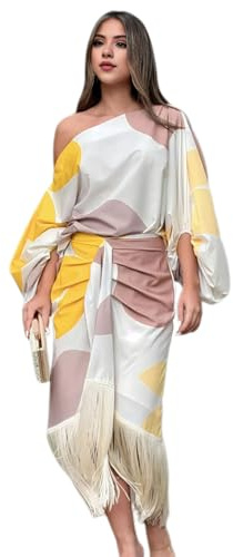 SHINROAD Traje de falda larga de color de contraste, conjunto de 2 piezas/juego de 2 piezas para mujer, mangas de linterna de un hombro a juego, borla suelta suelta, beige, M