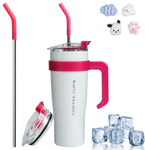 Euakee 40oz Thermobecher, 1182 ML Heiße Kalte Getränke Vakuum Trinkbecher mit Strohhalm und Henkel, 304 Doppelwandiger Edelstahl Vakuum Isolierbecher, Kaffeebecher to Go, BPA Free (Weiß)