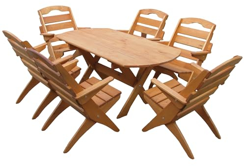 Stolldrew Gartenset Hochwertige Tischgruppe und Sitzgruppe, Kiefer Massivholz Gartenset, Klappbare Gartenmoebel aus Holz, Gartentisch mit 6 Klappzstuhl