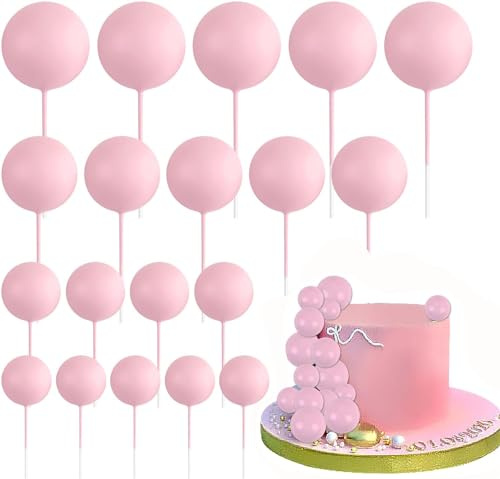 Round Ball Cake Toppers Ball Cupcake Toppers Cake Decorations Bakeware Decorating Topper Sticks Mini Balloon Cake Insert Toppers for Anniversary Birthday Party Wedding Decor (Pink)