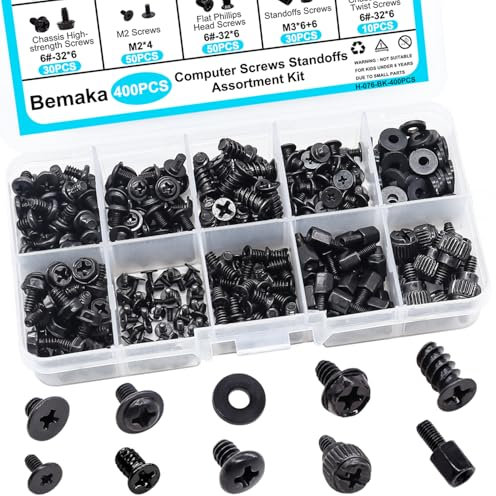 Bemaka 400PCS Computer Screws Assortment Kit, Motherboard Standoffs Screws for Universal Motherboard, Laptop, SSD, Hard Drive, PC Case, PC Fan, DIY Installation & PC Repair