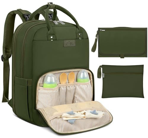 RAINSMORE Baby skötryggsäck stor skötväska ryggsäck med barnvagnsremmar och skötunderlag på vägen blöjväska babyväska svart, Grön, L, Avslappnad