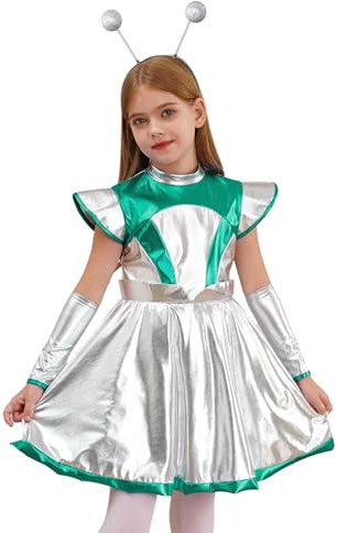 YiZYiF Kinder Alien Space Girl Kostüm Mädchen Metallic Glänzend Alien Kleid Kopfschmuck Armstulpen Set Festival Karneval Halloween Tanzkleidung Grün&Silber-Haarreif 134-140