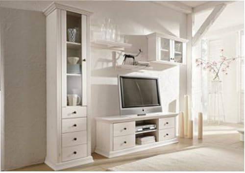 clever-moebel Wohnwand aus Kiefernholz im Landhausstil, Wohnzimmer-Schrank (weiß)