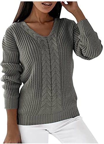 pull femme chic et elegant col v casual pull grosse maille hiver chaud et doux pullover tricoté torsadé à la mode chandail manche longue thermal quotidien couleur unie ideal pull-over (Grey, L)