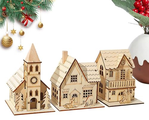 Wpsagek Holzdorfhäuser, Beleuchtetes Holzhaus,LED Tisch Weihnachtshütte - 3X Festliche Heimdekoration, niedliche Schreibtischdekoration für Küche, Bauernhaus, Bücherregale, Wohnzimmer