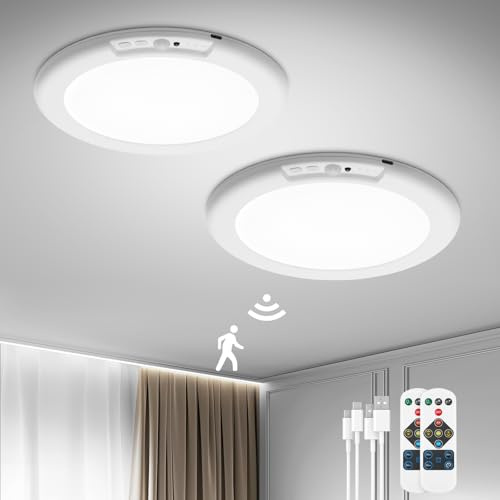 Bojim Plafon LED Recargable con Sensor de Movimiento, 6000 mAh Lamparas de Techo Regulable a Pilas sin Cables, IP44 Luces para Ducha con Mando sin taladro, 2 Piezas