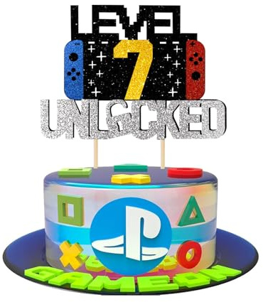 Videospel tårtdekoration födelsedag, glittrande spelkonsoler – tema, cupcake-topp, perfekt spelkaka toppare för 7 år pojke och flicka födelsedag (svart guld 7)