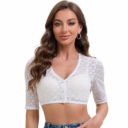 Goxozzy Dirndl-blus damer, dirndlblus spets, Oktoberfest blus damer, traditionell V-ringningstopp för festligheter, Vit, 38