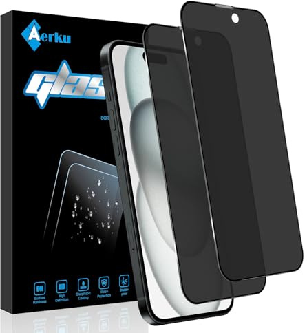 Aerku 2 Pezzi Opaca Privacy Pellicola Protettiva a Copertura Totale per iPhone 15 6.1, Antiriflesso Anti Spy Vetro Temperato Film, Anti-Impronte Durezza 9H Opaca Privacy Schermo Pellicola