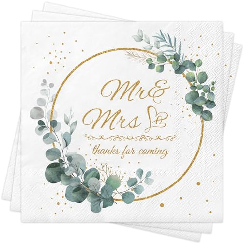 Mr & Mrs Dinner Napkins,Wedding Napkins Eucalyptus Sage Green Serviette Thanks for Coming Disposable Decorative Towels for Wedding Shower Banquet Rehearsal Decoraions