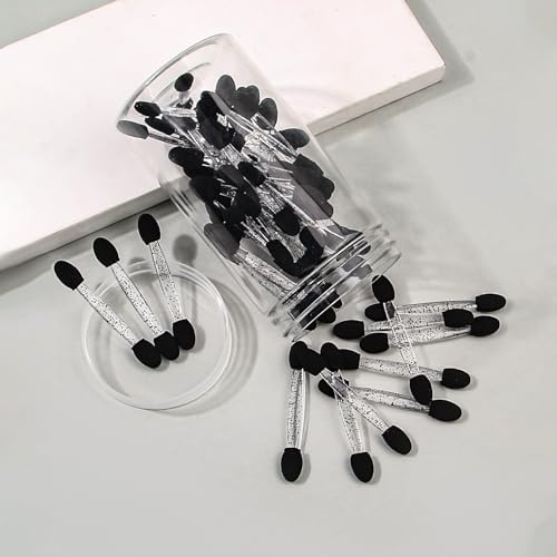 AmiCera 50Pcs Eyeshadow Applicators, Eye Shadow Applicator Double Ended Sponge Makeup Brushes Set for Nail Powder Face Lip Glitter, Multi-function Make Up Brush with Travel Box, Easy Carry, Black