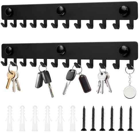 bayidun Schwarzes Schlüsselbrett 250mm mit 12 Metallhaken zur Wandmontage | Wand Schlüsselhalter geeignet für Schlafzimmer, Wohnzimmer und Badezimmer Aufbewahrung