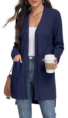 PrinStory Chaqueta de punto ligera para mujer de manga larga, cárdigan largo elegante con cuello en V y bolsillos, azul marino, XL