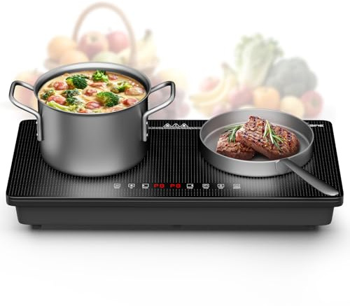 VoltCuisine 1800W Dual Induction Cooktop with White Speckled Panel, Two 900W Heating Zones, Full Touch Control, 8-Level Power Adjustment, Timer, Easy-Clean Ceramic Glass Surface