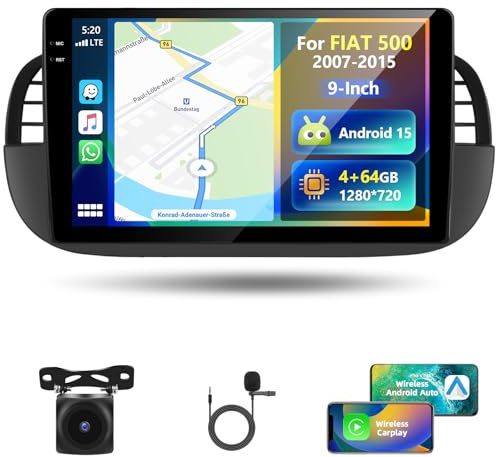Motorsi 4GB RAM + 64GB ROM Carplay Autoradio per Fiat 500 2007-2015 con Wireless Android Auto Touchscreen da 9 pollici GPS Navigation/WiFi/FM/RDS Radio/SWC/Canbus/Bluetooth/EQ+AHD Camera