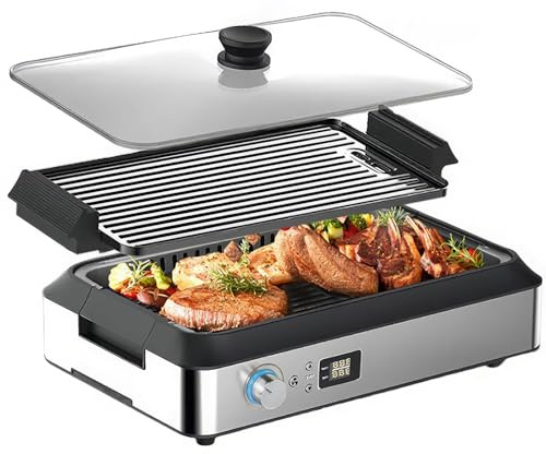 Barbacoa multifuncional de 1500 W, parrilla eléctrica sin humo, revestimiento antiadherente, control de temperatura con perilla, ideal para barbacoas en interiores y cocina casera.