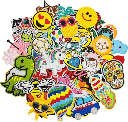Patches 60 Stück,Flicken Zum Aufbügeln Kinder,Bestickte,Bügelbilder Aufnäher,Bügelflicken Kinder für T-Shirt,Jeans, Kleidung Taschen,Mützen,Reparieren Sie das Loch