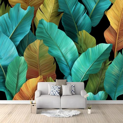 Papier Peint Panoramique Bleu, Papier Peint Intissé Motif Minimaliste Tropical Feuille De Bananier, Tapisserie Photo Panoramique Salon Décoration Murale Chambre, 400 x 280 cm