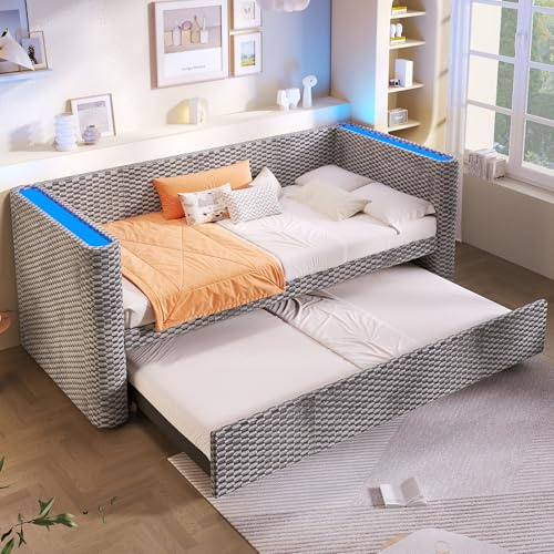 Qsddk Schlafsofa Einzelbett 90x200 cm mit Ausziehbett und LED-Beleuchtung, Jugendbett Tagesbett, Bettgestell mit Lattenrost, Samt, Ohne Matratze, Grau