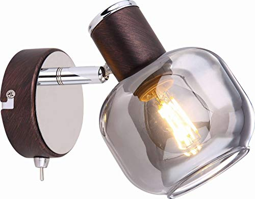 GLOBO Eleganter Wandstrahler mit Kippschalter - Wandlampe mit Schalter - Wandleuchte Flur Wohnzimmer (Rauch Glas Deckenspot Bronze Optik E14-Fassung Beweglich)