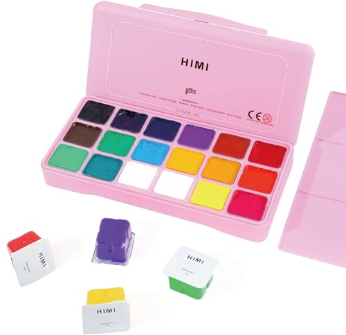 HIMI Peinture Gouache Kit 18 Couleurs x 30ml Non Toxiques Unique de Tasse de Gelée avec Etui Portable pour Artiste Étudiant