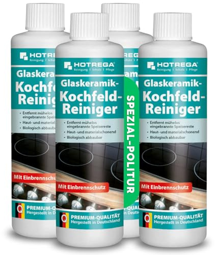 HOTREGA Glaskeramik Kochfeld Reiniger 4x 250ml | Ceranfeld Politur Set | Pflegemittel gegen Eingebranntes | Schützt Induktion, Edelstahl & Chrom | Wasserabweisend | Glanz ohne Mikro-Kratzer