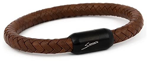 Simaru Bracciale in pelle intrecciata da uomo, chiusura magnetica in acciaio inox, bracciale da uomo