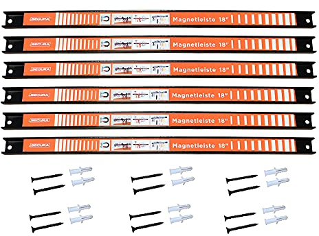 SECURA Magnetleiste Werkzeug Aufbewahrung 6 Stück je 45,7cm mit 6 KG Tragkraft Ordnungssystem Wand Halterung | Magnet Werkzeugleiste als Werkstatt Zubehör | Magnetleisten Werkzeughalter Wand
