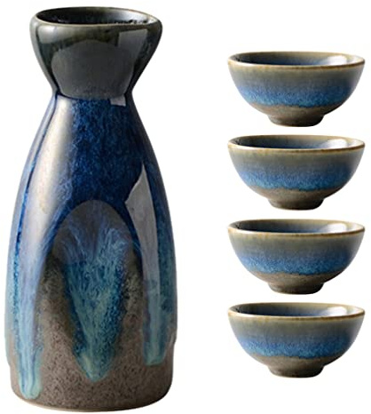 HEMOTON Set Da Sake Giapponese in Ceramica Bottiglia Tokkuri Con 4 Tazze Ochoko Servizio Per Sake Caldo E Freddo Ideale Per Casa Ristoranti Case Da Tè E Regali