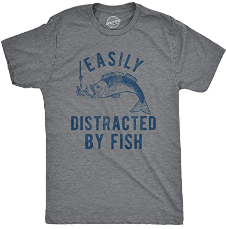 Funny Fishing Shirts for Men – Easily Distracted by Fish Graphic – Soft Cotton Blend Tee – Bass Fisherman Gift Shirt for Lake Days or Outdoor Guys Grey L