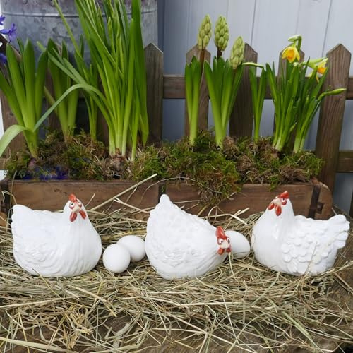 3 Deko Hühner / Huhn aus Keramik weiss für die Frühling-Osterdeko im Garten