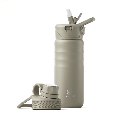 IDEUS Bouteille d'eau isotherme en acier inoxydable, anti-fuite, à double paroi, gourde de sport en métal avec 2 couvercles, 540 ml