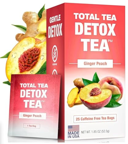 Total Tea Slimming Detox Tea Caffeine Free, Herbal Blend with Chamomile, Hibiscus and Ginger Root for Colon Cleanse Weight Management Drinks – Natural Ginger & Peach Tea (25 Bags)
