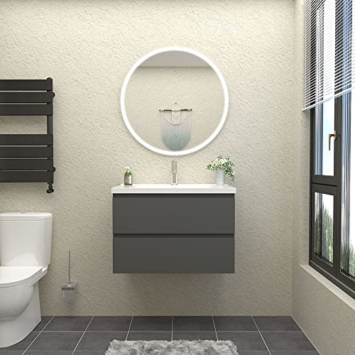 HAPAOSO Waschbecken mit Unterschrank Badezimmer 80 cm Breit Badmöbel Set mit Waschbecken und 2 Soft-Close Schubladen Waschtisch Unterschrank Grau für Badezimmer Hängend