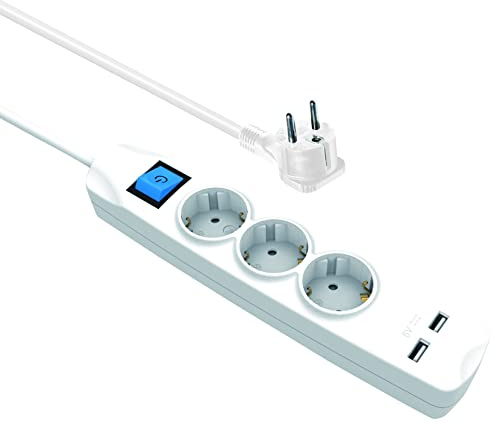 Transmedia NV56 - Presa multipla a 3 prese, con 2 porte di ricarica USB e spina con contatto di protezione, 3 m