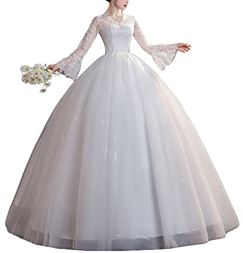 Damen A Linie Prinzessin Tüll Spitze Hochzeitskleider Lange Formale Brautkleider Langarm Spitzenstickerei V-Ausschnitt Vintage Lang Prinzessin Abendkleid,Weiß,XS