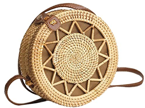 OuLi Store Frauen handgemachte gewebte runde Rattan Tasche, Stroh Tasche Korb, Sommer Strand Tasche, Umhängetasche (Farbe 6)