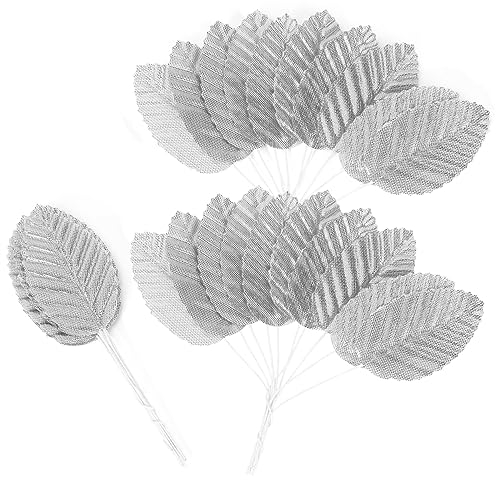 MWOOT 200 Stück Basteln Künstliche Blätter, Gefälschte Seidenblätter, Künstlich Einzeln Blatt, Kunstblätter für DIY Torte Kranz Blumenanordnung Weihnachten Hochzeit Party Dekoration(Silber)