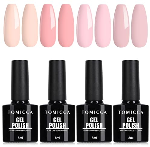 TOMICCA 4 Farben UV Nagellack Rose Nude Weiß Set Gel Nagellack Soak Off UV/LED Geschenk Nicht Giftig und Lange Dauer Für Starter Nail Art Salon DIY Home, 8ml