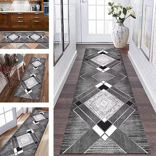 Teppich Läufer Flur Küche rutschfest Waschbar Küchenläufer Teppichmatten 60X250CM Grau Schwarz Weiß Läufer Teppich Lang Meterware Korridor Teppichläufer Schlafzimmer Wohnzimmer Esszimmer Flurläufer