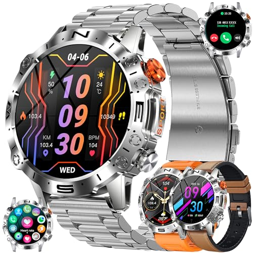 Smartwatch Herren mit Telefonfunktion, 1,43 AMOLED Fitnessuhr Tracker 123 Sportmodi Uhren IP68 Wasserdicht/SpO2/Pulsuhr/Herzfrequenz/Schlafmonitor Sportuhr Aktivitätstracker für Android iOS (Silber)