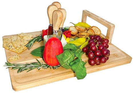 JS Gourmet Bamboo Cheese Board with 4 Cheese Knives and Detachable Holder, Rectangle charcuterie Board elevates Your Serving Game with Stylish Elegance for Cheeses, Meats, and Crackers