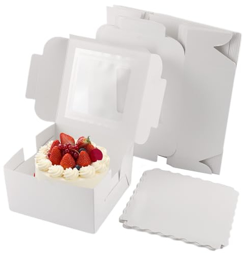 MUXHEL 25 Stück 16 x 16 x 9cm Weiße Tortenschachtel mit Tortenbrett, Cupcake Transportbox Karton mit PVC Sichtfenster, Weiß Tortenkarton Kuchenbehälter Tortenschachtel torten transportbox cake box
