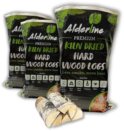 Alderline Kiln-Dried Birch Hardwood Logs 25 L - Ready to Burn firewood - Smokeless 25 cm fire logs for wood burner, Stoves, Fire Pits, and More! - Pack 3